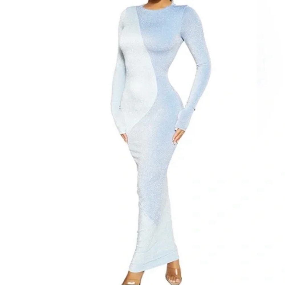 Naked Wardrobe - Blue Glitter Fitted Maxi Dress - Picture 5 of 5